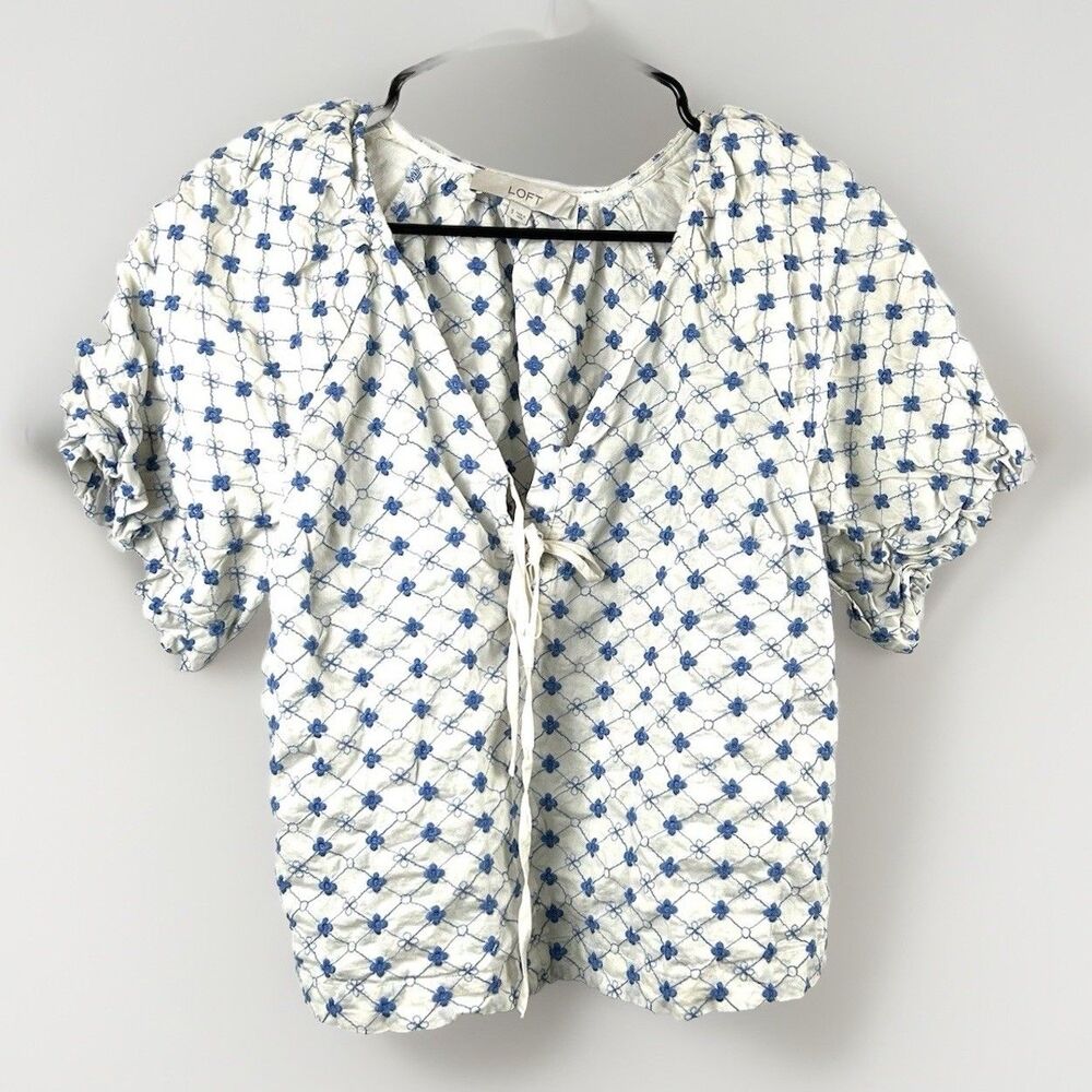 Loft Cream Short Sleeve Puffy V-Neck Periwinkle Flower 100% Cotton Size S